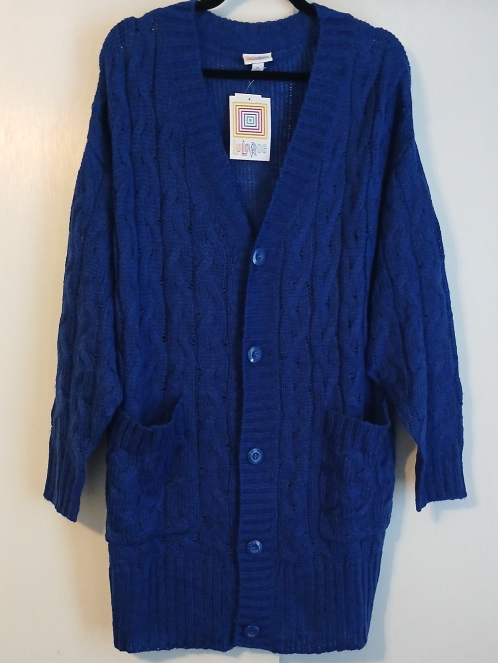 LuLaRoe "Lucille" Deep Royal Blue Cable Knit Long Cardigan in Size M (NWT)